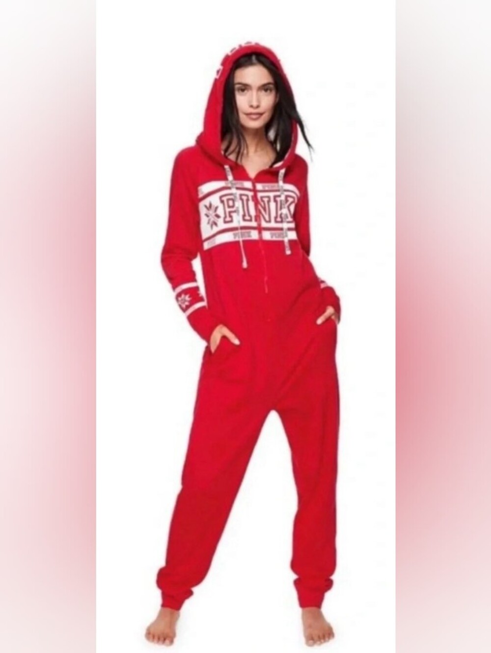 PINK Victoria's Secret Red Hooded Onesie Pjs Sherpa Hoodie Zip Up Christmas XS